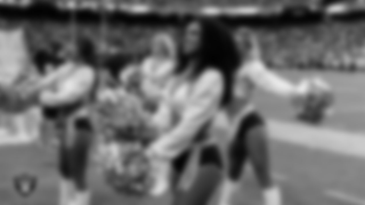Raiderette Shayla on the sidelines during the preseason home game against the San Francisco 49ers at Allegiant Stadium.