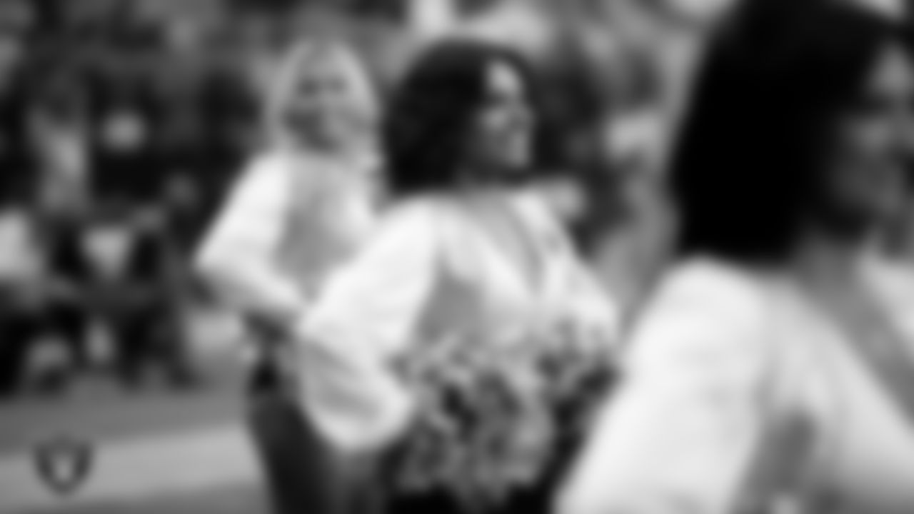 Raiderette Annalise waits to take the field for a performance during the regular season home game against the Tennessee Titans at Allegiant Stadium.