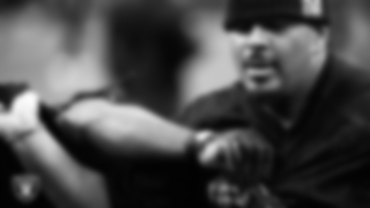 Las Vegas Raiders guard Caleb Rogers (76) warming up before the regular season home game against the Jacksonville Jaguars at Allegiant Stadium.