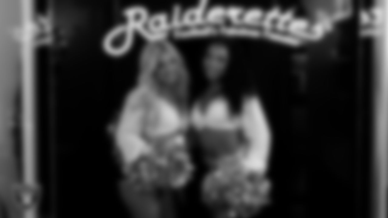 Raiderettes Pip and Bria in the locker room before the regular season home game against the Cleveland Browns at Allegiant Stadium.