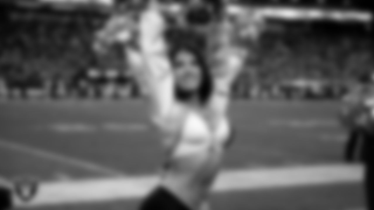 Raiderette Kylie on the sidelines during the regular season home game against the Denver Broncos at Allegiant Stadium.