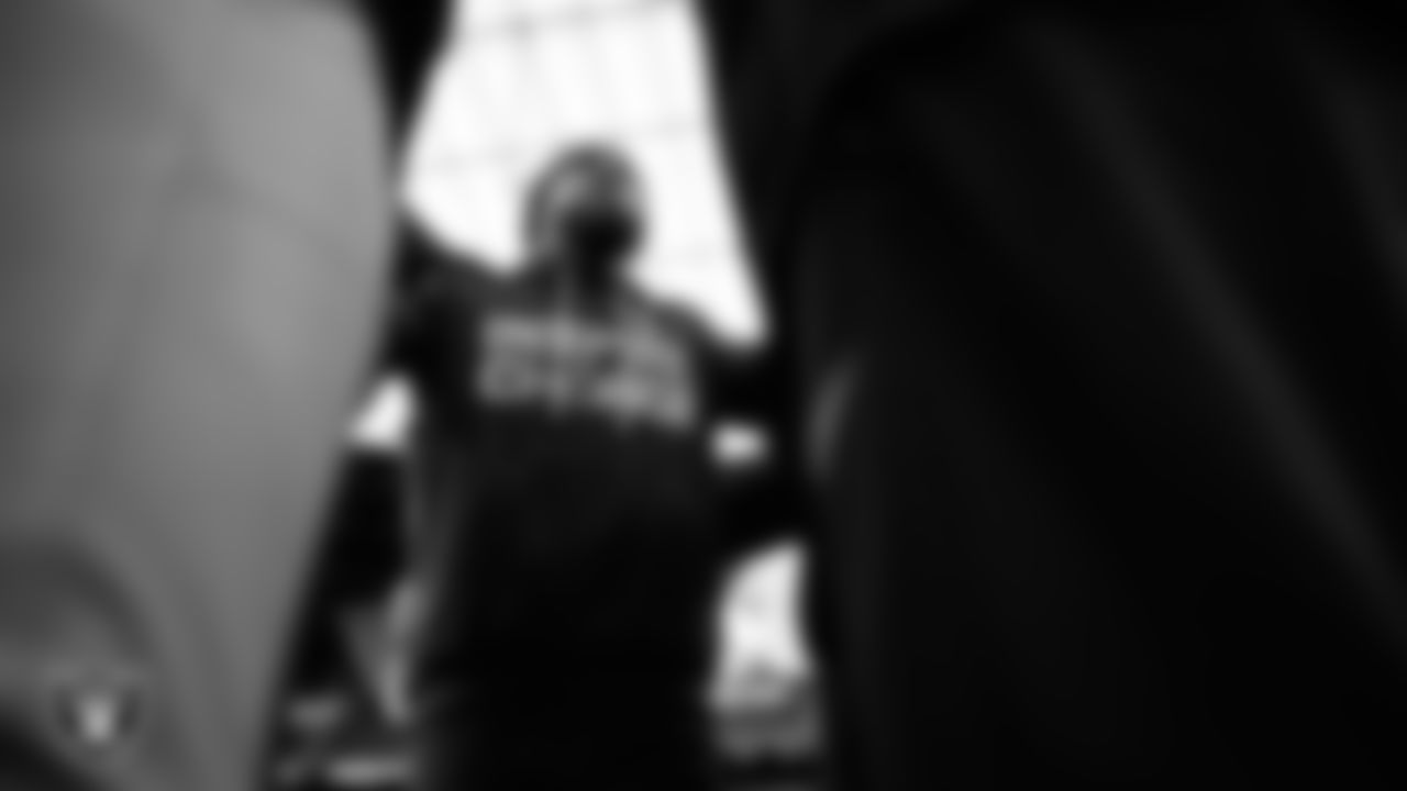 Las Vegas Raiders linebacker Devin White (45) in a huddle before the regular season home game against the New York Giants at Allegiant Stadium.