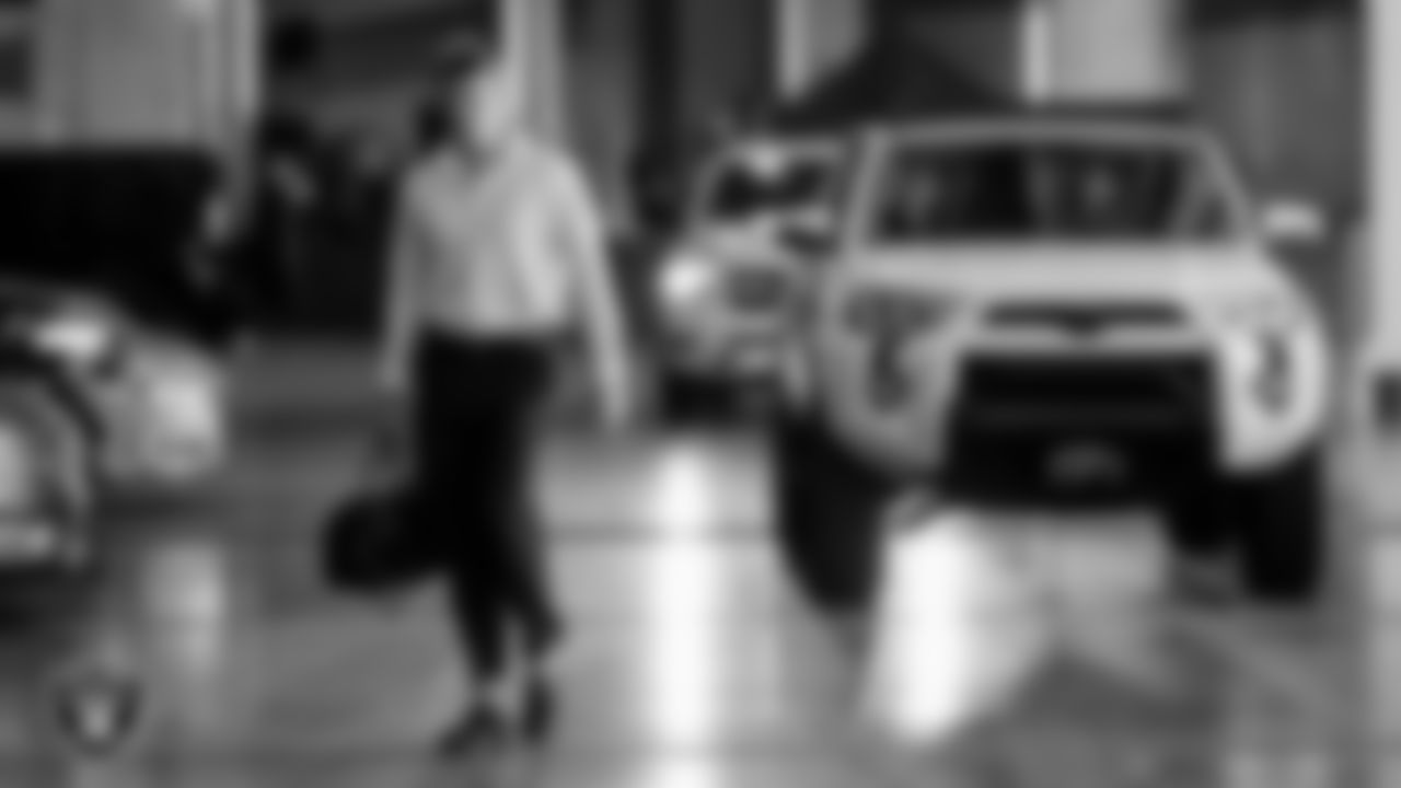 Las Vegas Raiders linebacker Cody Lindenberg (55) arrives to the regular season home game against the Denver Broncos at Allegiant Stadium.