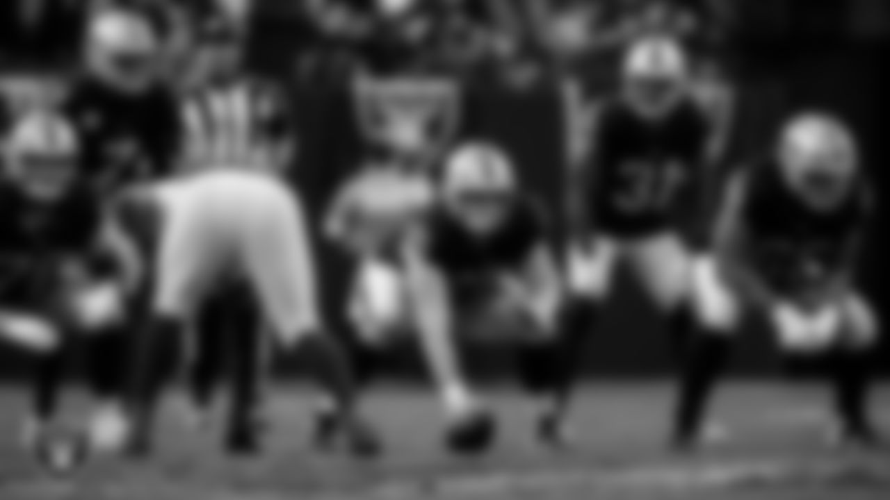 Las Vegas Raiders guard Alex Cappa (65) lines up before the snap during the regular season home game against the Denver Broncos at Allegiant Stadium.