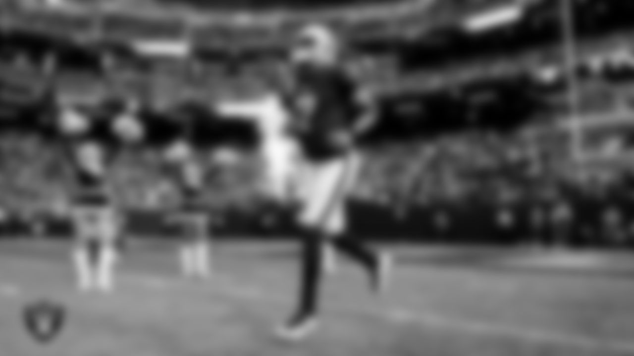 Las Vegas Raiders quarterback Geno Smith (7) is introduced onto the field before the regular season home game against the New York Giants at Allegiant Stadium.