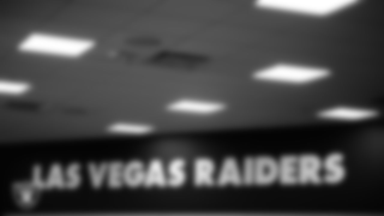 Las Vegas Raiders signage in the locker room prior to the Raiders' arrival for their regular season home game against the New York Giants at Allegiant Stadium.