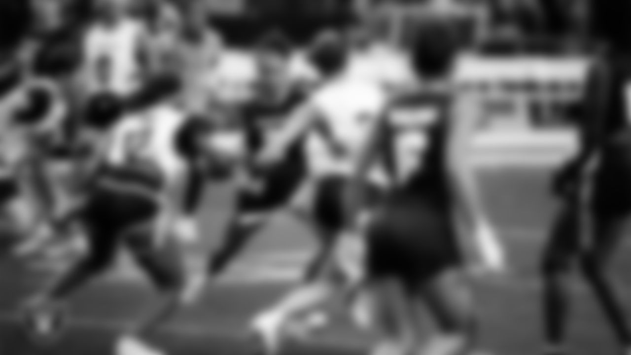 The Nevada State University flag football team participates in a Play 60 Showcase before the Las Vegas Raiders' regular season home game against the Jacksonville Jaguars at Allegiant Stadium.