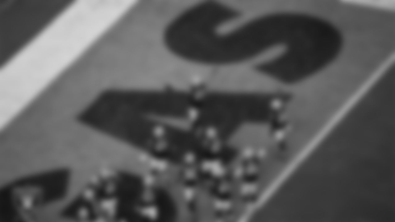 Las Vegas Raiders defensive end Charles Snowden (49) celebrates after making an interception during the regular season home game against the Cleveland Browns at Allegiant Stadium.