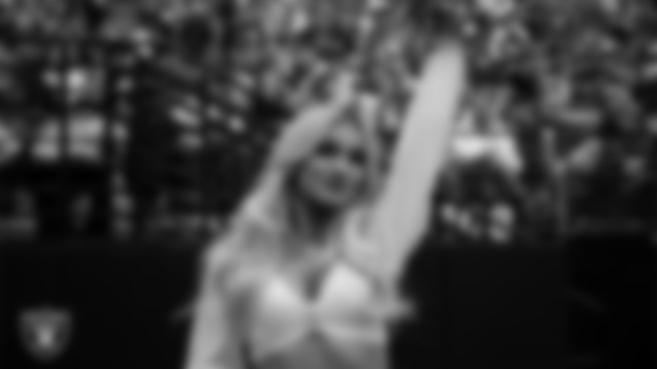 Raiderette Pip on the sidelines during the regular season home game against the Denver Broncos at Allegiant Stadium.