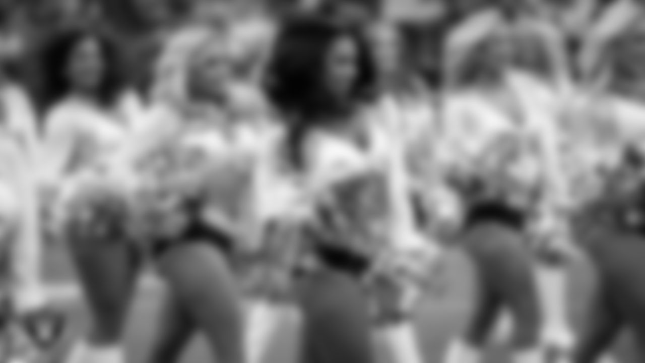 Raiderette Cierra performs on the field before the regular season home game against the Chicago Bears at Allegiant Stadium.