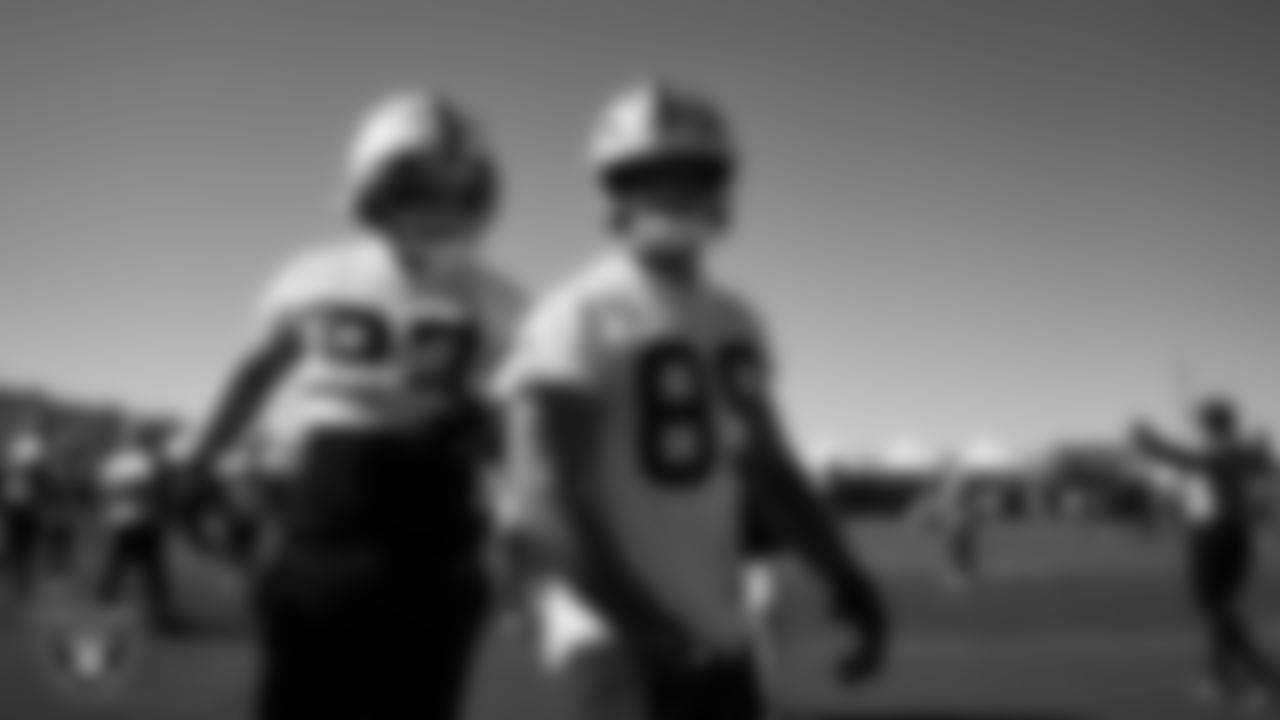 Las Vegas Raiders tight end Michael Mayer (87) and tight end Brock Bowers (89) on the field for practice at 2025 Training Camp at Intermountain Health Performance Center.