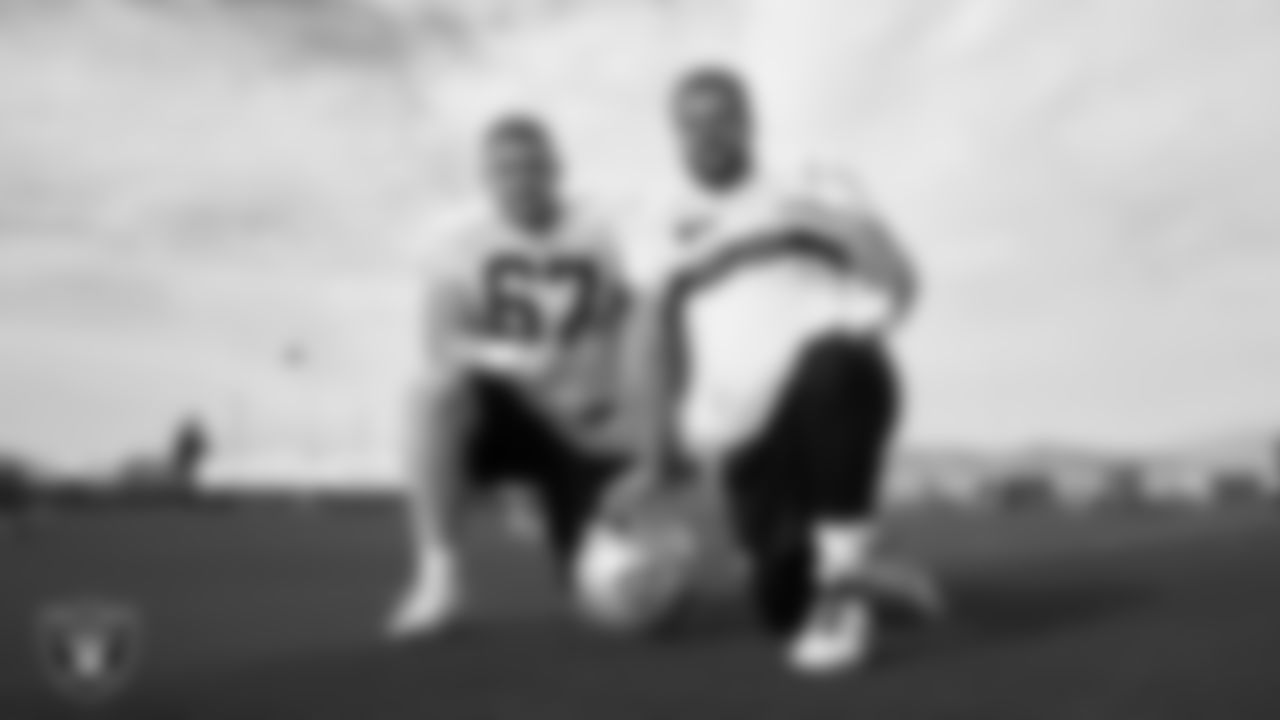 Las Vegas Raiders center Will Putnam (67) and guard Jordan Meredith (61) during practice at Intermountain Health Performance Center.