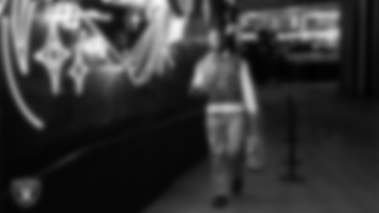 Las Vegas Raiders tight end Ian Thomas (80) arrives to the regular season home game against the Cleveland Browns at Allegiant Stadium.