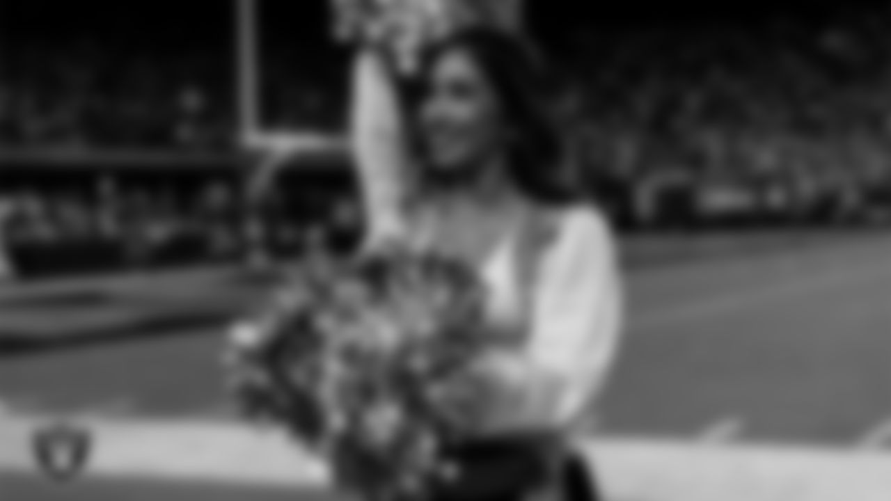 Raiderette Meekela on the sidelines during the regular season home game against the Dallas Cowboys at Allegiant Stadium.
