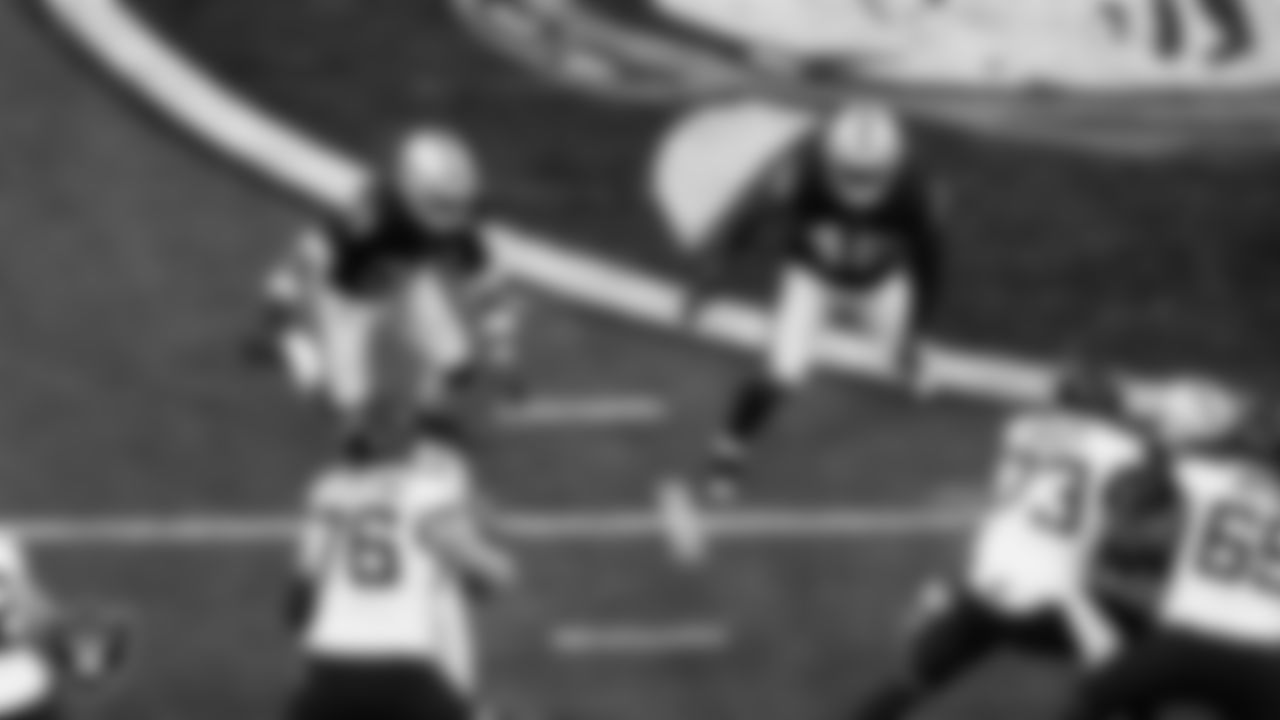 Las Vegas Raiders linebacker Jamal Adams (33) and linebacker Devin White (45) defend during the regular season home game against the Jacksonville Jaguars at Allegiant Stadium.