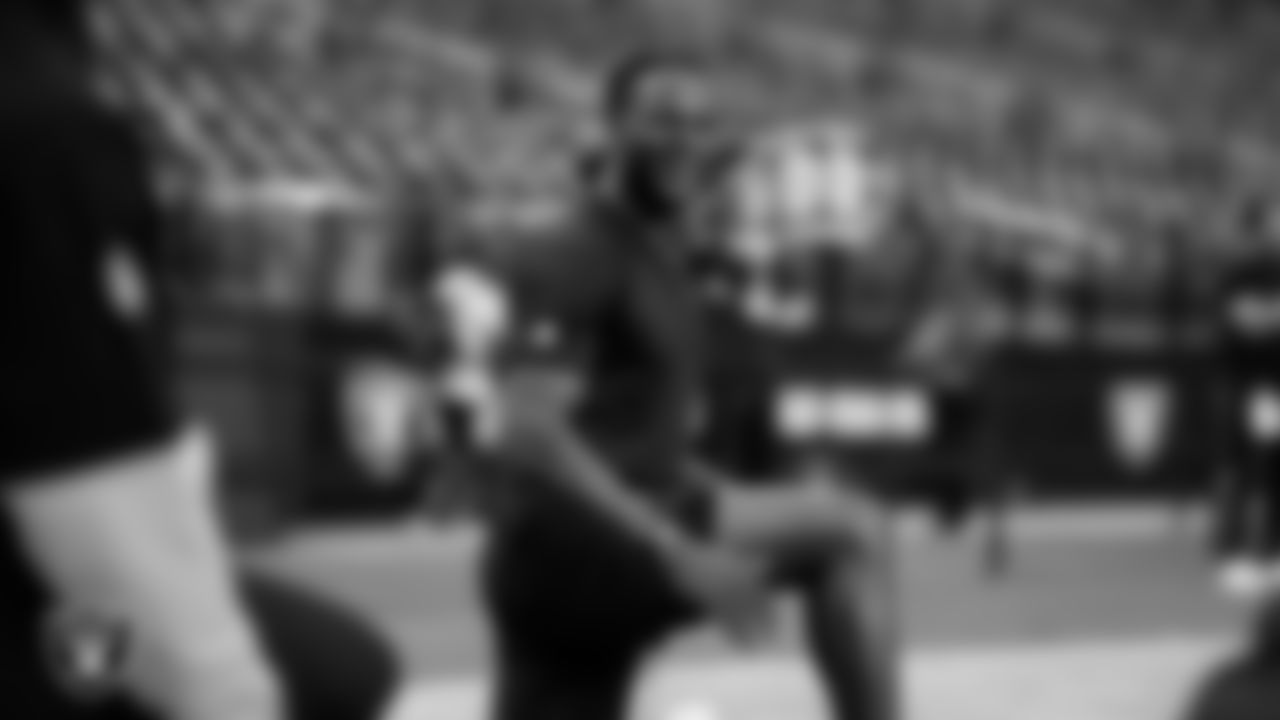 Las Vegas Raiders wide receiver Davante Adams (17) warming up before the preseason home game against the San Francisco 49ers at Allegiant Stadium.