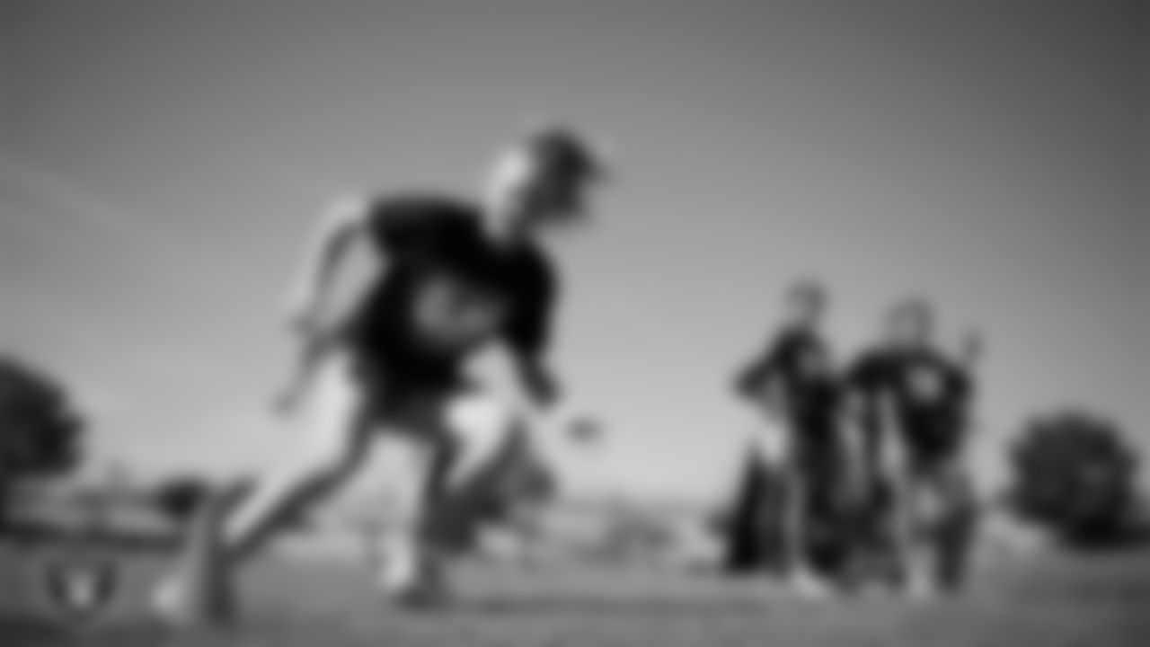 An athlete takes part in a drill after a partnership announcement between the Las Vegas Raiders and Clark County School District as a Silver and Black Flag Football league at the middle school level at Sig Rogich Middle School.