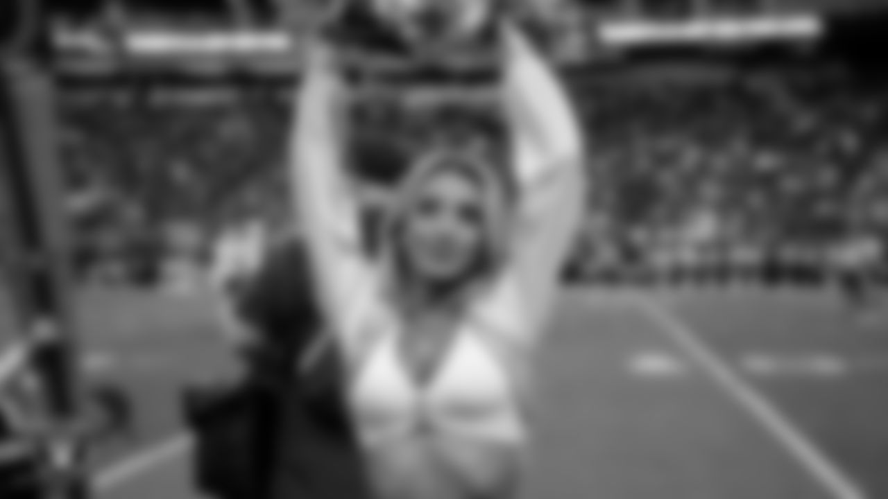 Raiderette Hayley on the sidelines during the regular season home game against the Kansas City Chiefs at Allegiant Stadium.