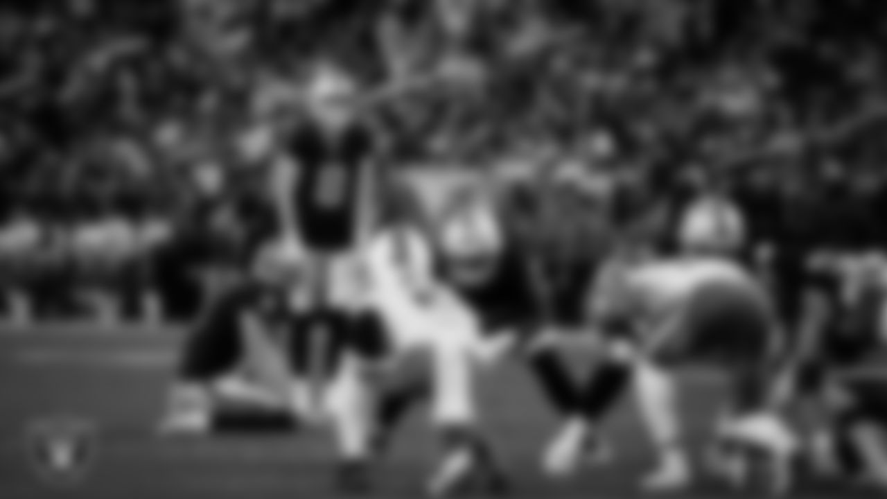 Las Vegas Raiders kicker Daniel Carlson (8) lines up before kicking a PAT during the regular season home game against the Cleveland Browns at Allegiant Stadium.