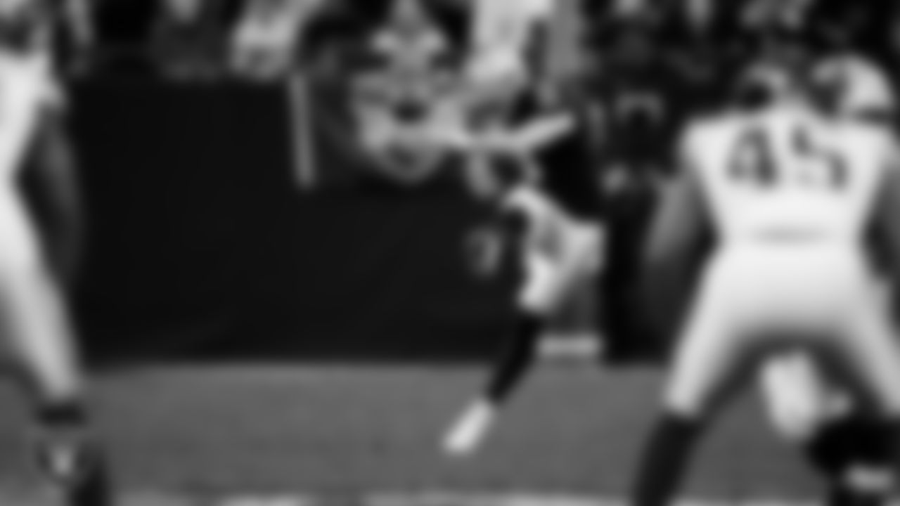 Las Vegas Raiders kicker Daniel Carlson (8) kicks off during the regular season home game against the New York Giants at Allegiant Stadium.