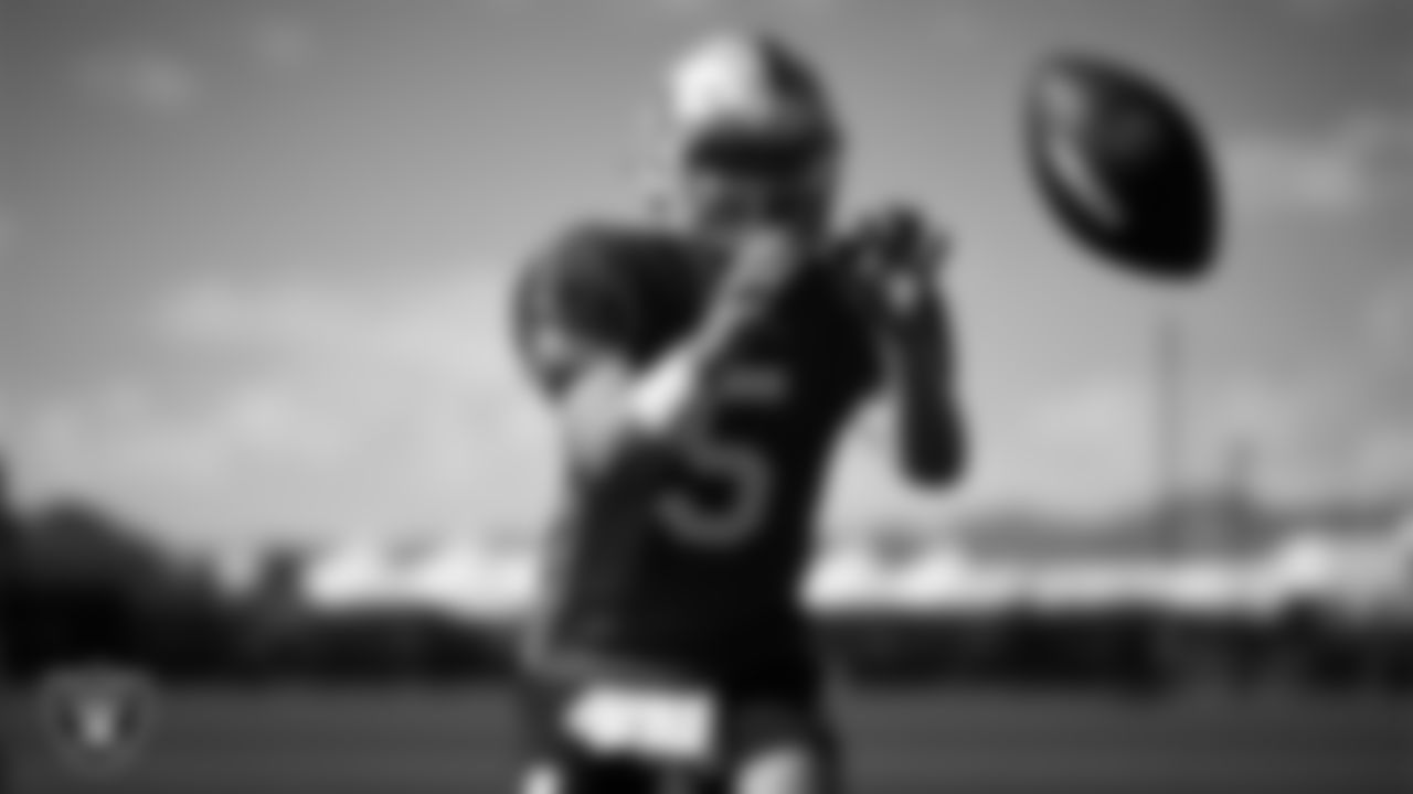 Las Vegas Raiders quarterback Cam Miller (5) on the field for practice at 2025 Training Camp at Intermountain Health Performance Center.