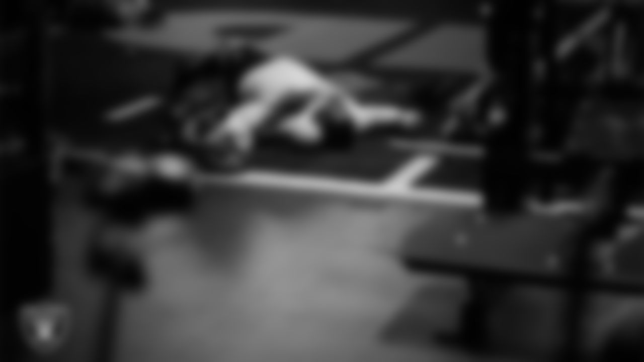 Las Vegas Raiders defensive tackle JJ Pegues (92) in the weight room during practice at Intermountain Health Performance Center.