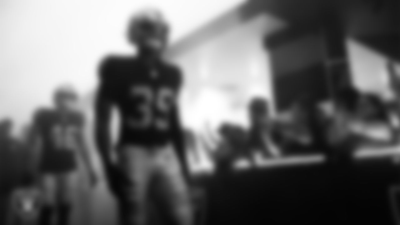 Las Vegas Raiders cornerback John Humphrey (39) walks out to the field for warm ups before the preseason home game against the San Francisco 49ers at Allegiant Stadium.
