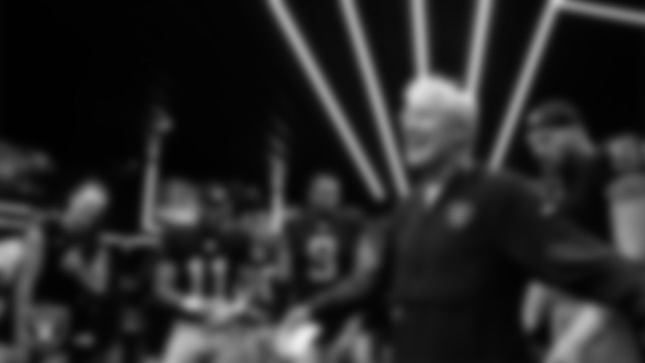 Las Vegas Raiders Head Coach Pete Carroll addresses his players in the locker room after the regular season home game against the Tennessee Titans at Allegiant Stadium.