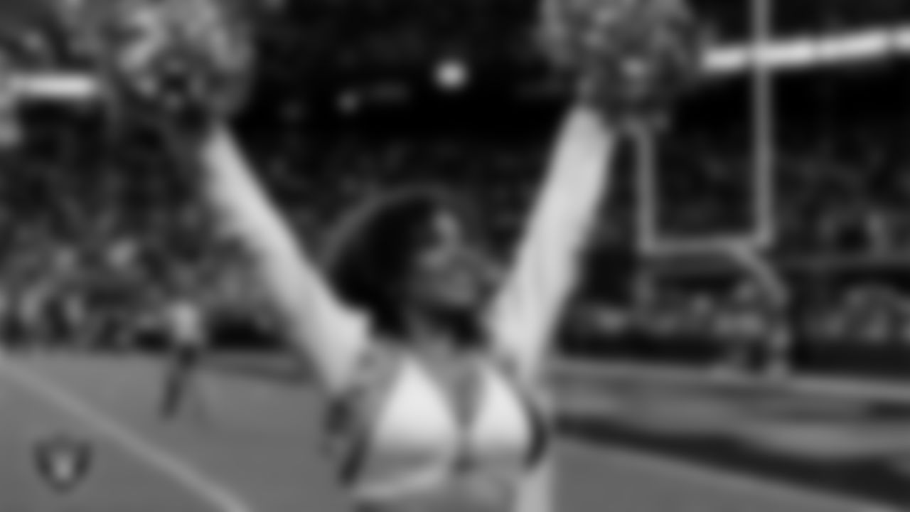 Raiderette Makenna on the sidelines during the regular season home game against the Dallas Cowboys at Allegiant Stadium.
