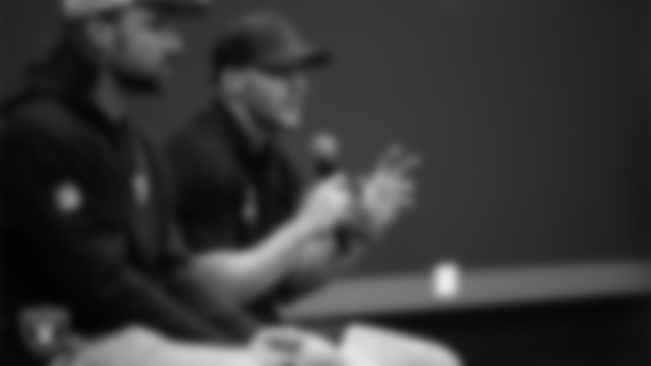 Las Vegas Raiders alumnus Nick Miller speaks to athletes during Raiders ELITE Academy at Las Vegas Raiders Headquarters.