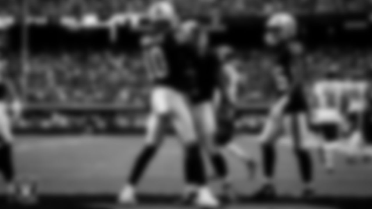 Las Vegas Raiders running back Ashton Jeanty (2) celebrates with wide receiver Dont'e Thornton Jr. (10) after making an 8-yard touchdown catch during the regular season home game against the Chicago Bears at Allegiant Stadium.