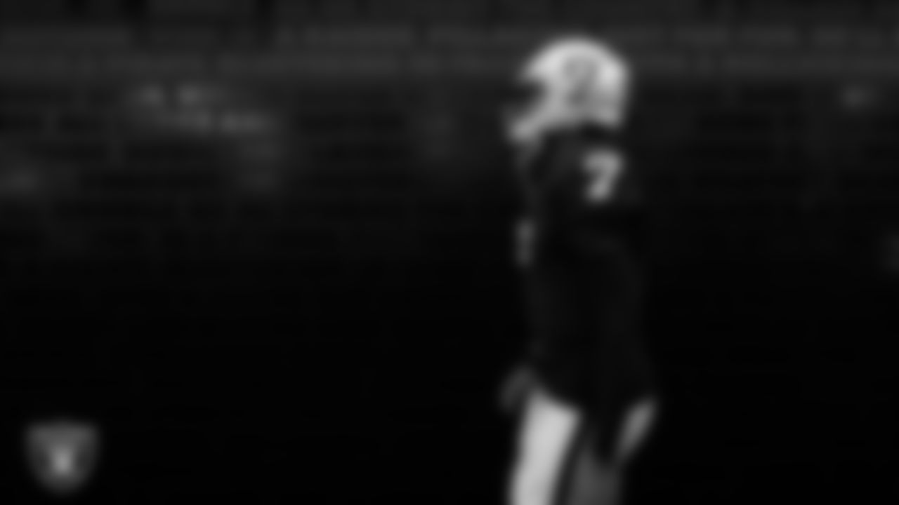 Las Vegas Raiders quarterback Geno Smith (7) walks down the tunnel before the regular season home game against the Denver Broncos at Allegiant Stadium.