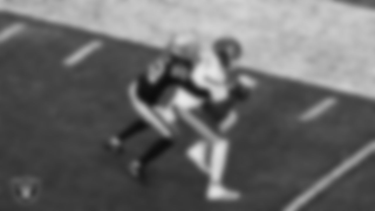 Las Vegas Raiders cornerback Eric Stokes (22) makes a tackle during the regular season home game against the Kansas City Chiefs at Allegiant Stadium.