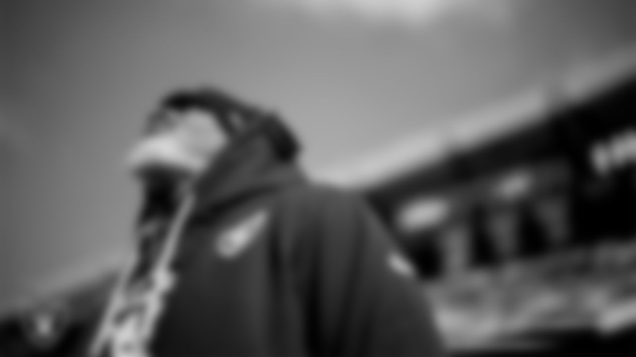 Las Vegas Raiders defensive backs coach Marcus Robertson during the national anthem before the regular season away game against the Philadelphia Eagles at Lincoln Financial Field.