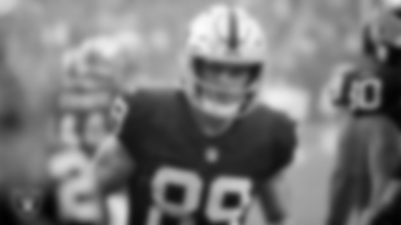 Las Vegas Raiders tight end Brock Bowers (89) is introduced onto the field before the regular season home game against the Cleveland Browns at Allegiant Stadium.