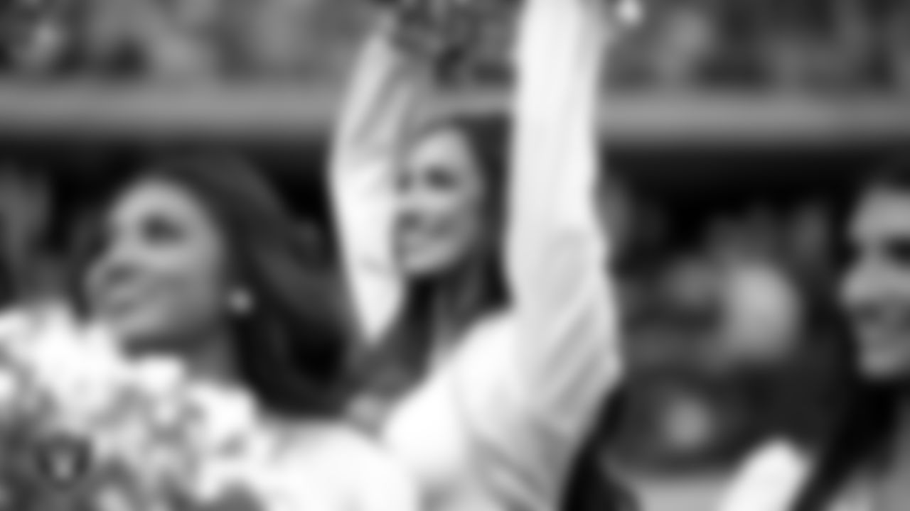 Raiderette Cheyanne on the sidelines during the preseason home game against the San Francisco 49ers at Allegiant Stadium.