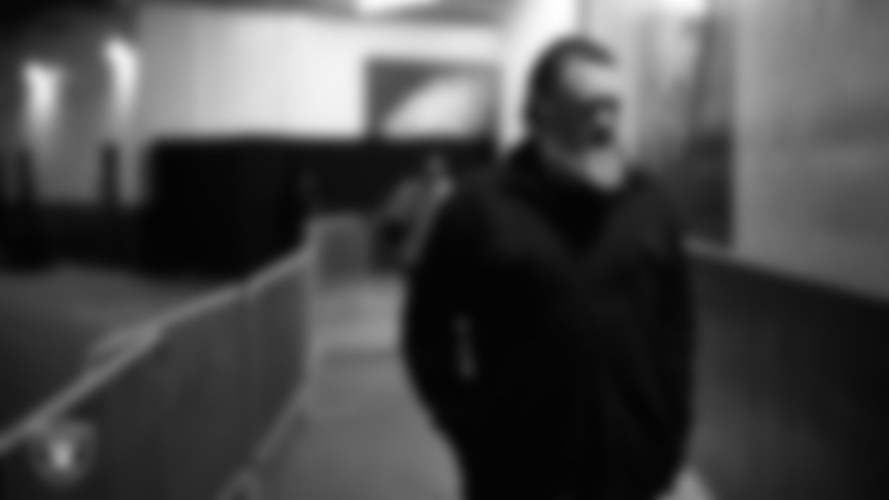 Las Vegas Raiders run game coordinator/offensive line coach Brennan Carroll arrives to the regular season away game against the Philadelphia Eagles at Lincoln Financial Field.