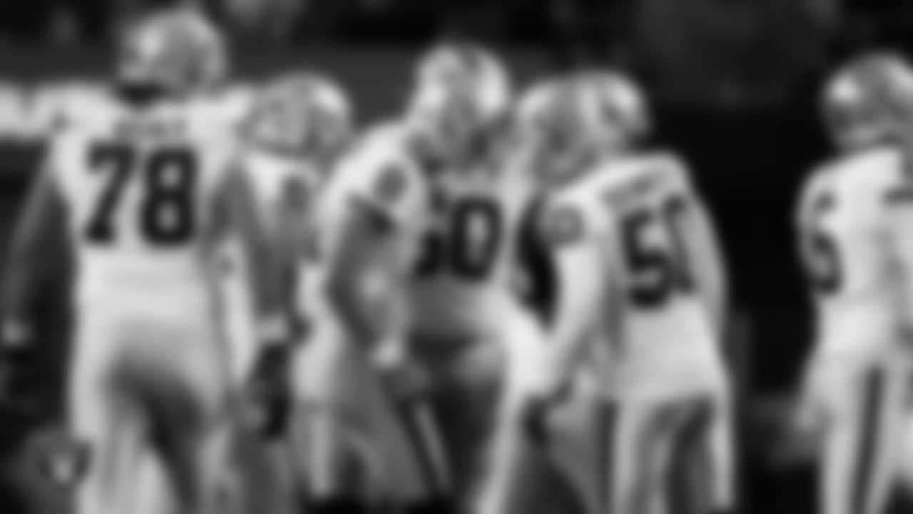 Las Vegas Raiders kicker Daniel Carlson (8) celebrates with teammates after kicking a 51-yard field goal during the preseason away game against the Seattle Seahawks at Lumen Field.
