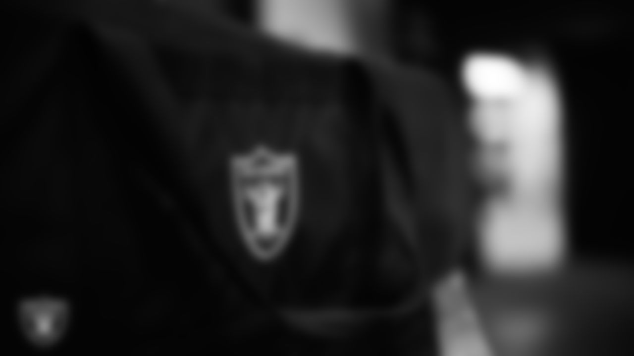 A duffle bag in the locker room prior to the Las Vegas Raiders' arrival for their regular season home game against the Denver Broncos at Allegiant Stadium.