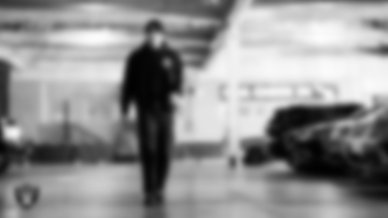 Las Vegas Raiders tight end Carter Runyon (46) arrives to the regular season home game against the New York Giants at Allegiant Stadium.