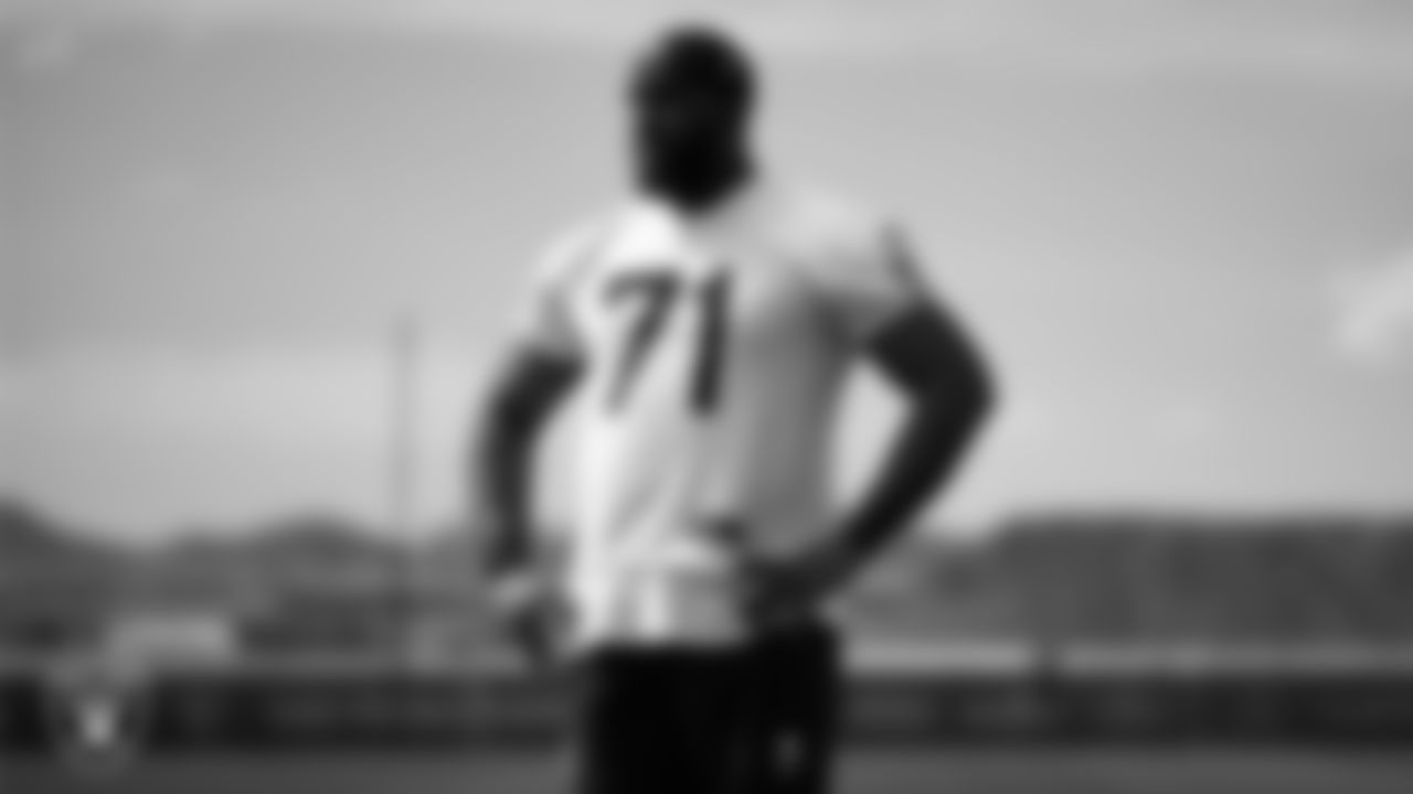 Las Vegas Raiders tackle DJ Glaze (71) at a workout during phase two of the offseason program at Intermountain Health Performance Center.