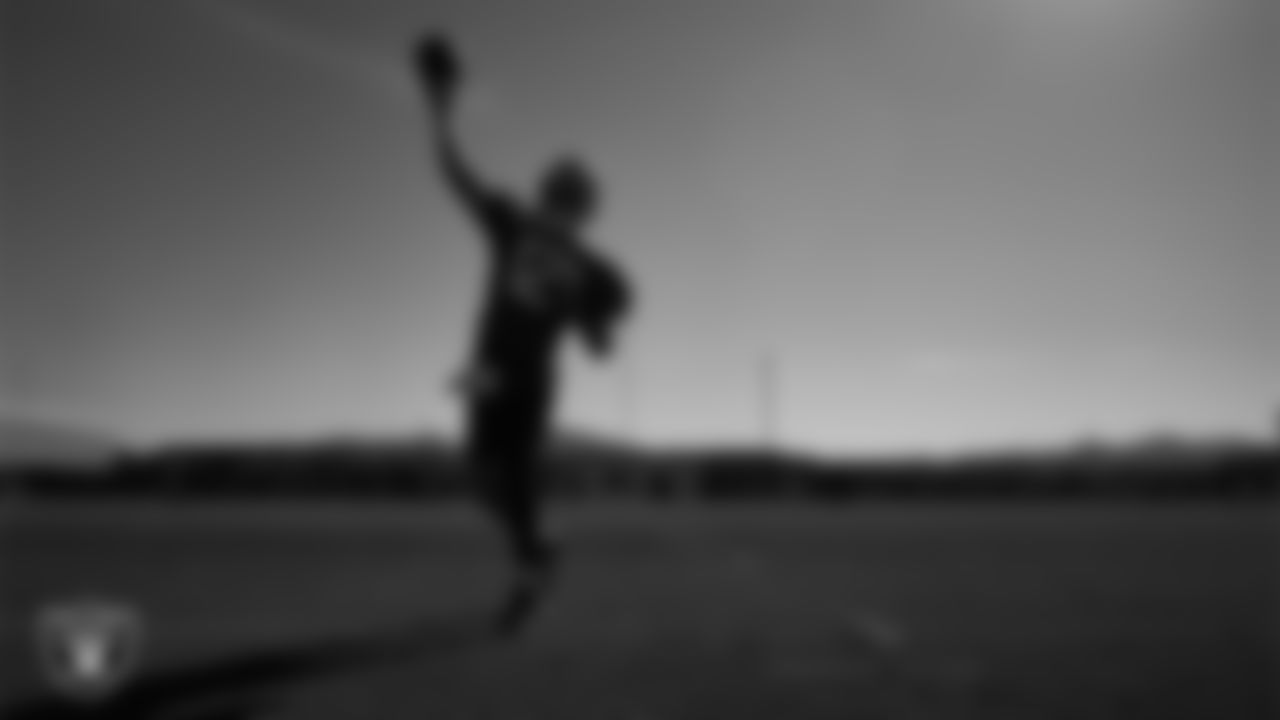 Las Vegas Raiders quarterback Aidan O'Connell (12) during practice at Intermountain Health Performance Center.