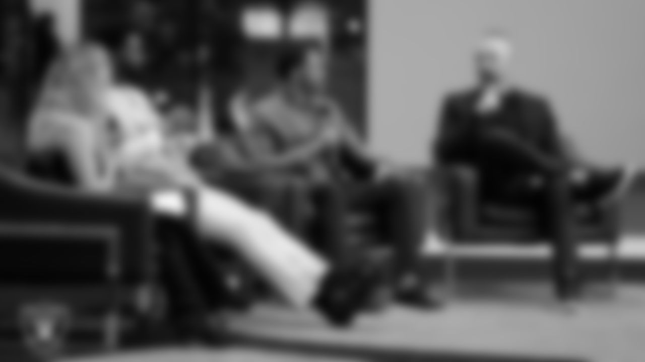 Las Vegas Raiders General Manager John Spytek is interviewed following Head Coach Klint Kubiak's introductory press conference at Intermountain Health Performance Center.