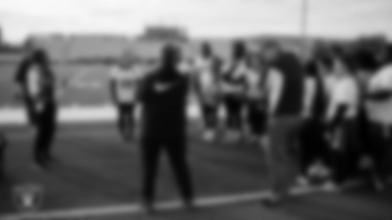 Las Vegas Raiders manager of football development Marli Bartlett talks to the Pahrump Valley High School flag football team before their game at Sierra Vista High School.