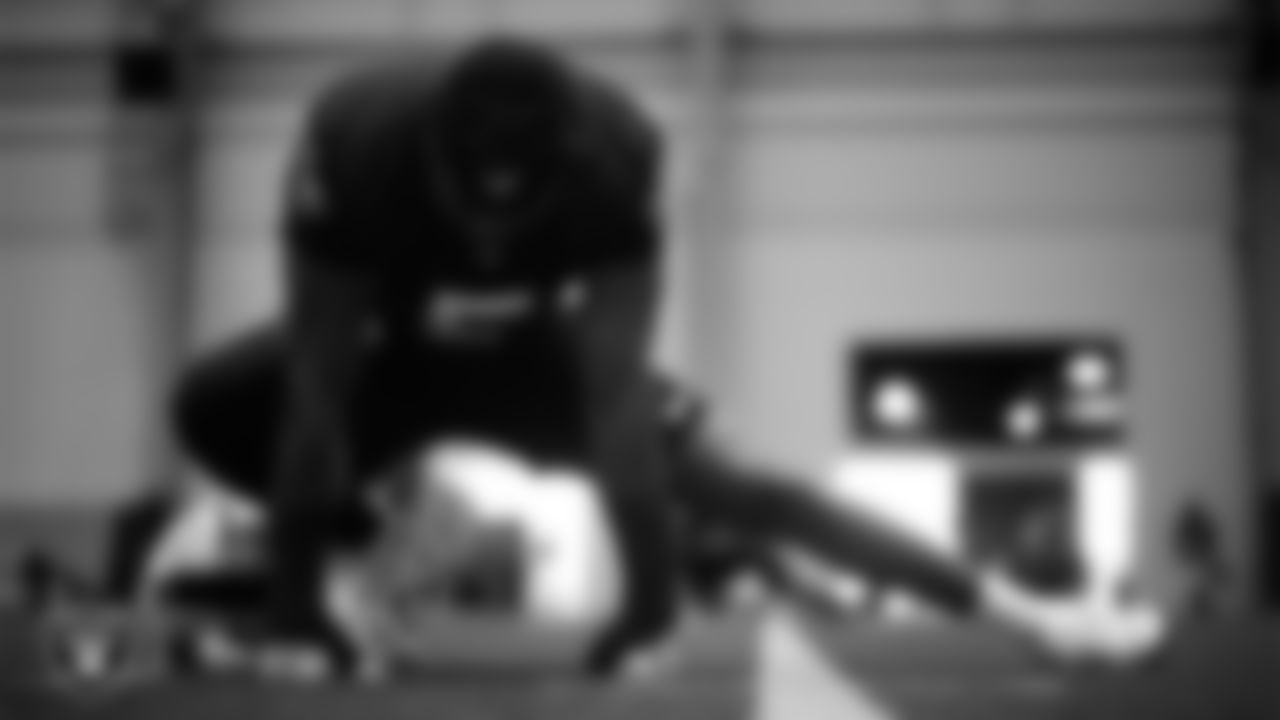 Las Vegas Raiders linebacker Divine Deablo (5) during practice at Intermountain Health Performance Center.