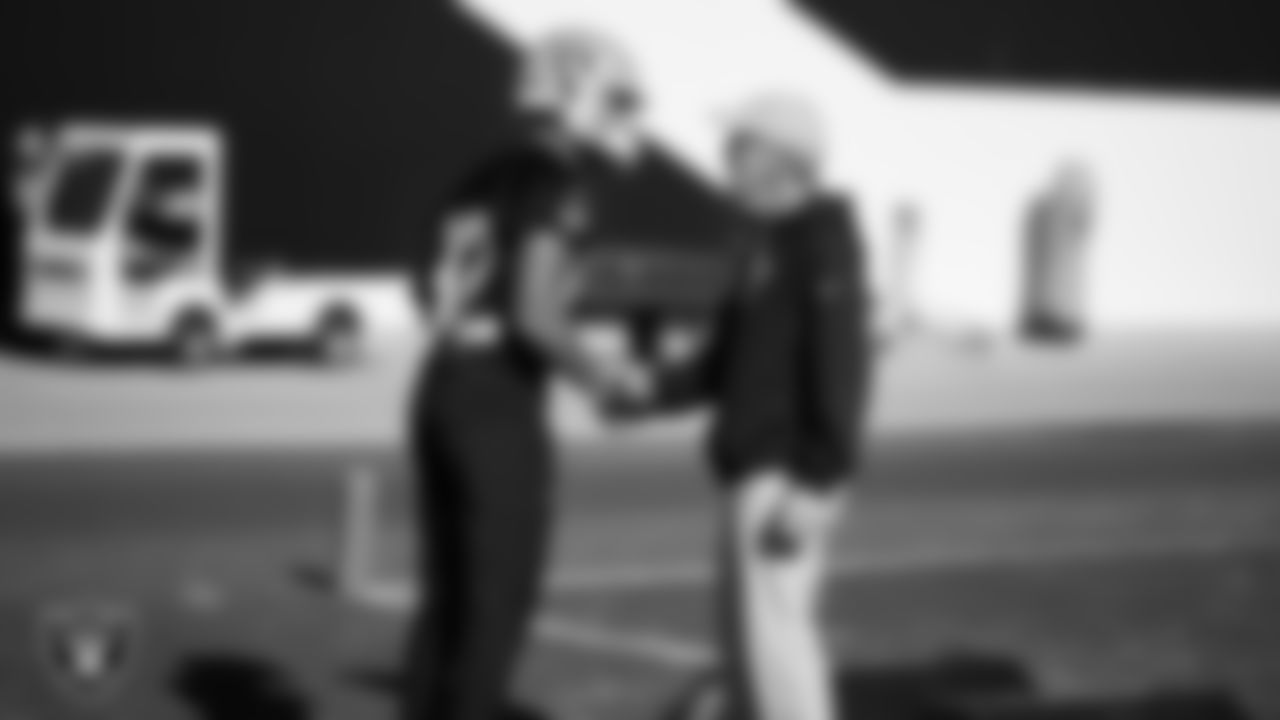 Las Vegas Raiders wide receiver Brenden Rice (82) and Head Coach Pete Carroll during practice at Intermountain Health Performance Center.