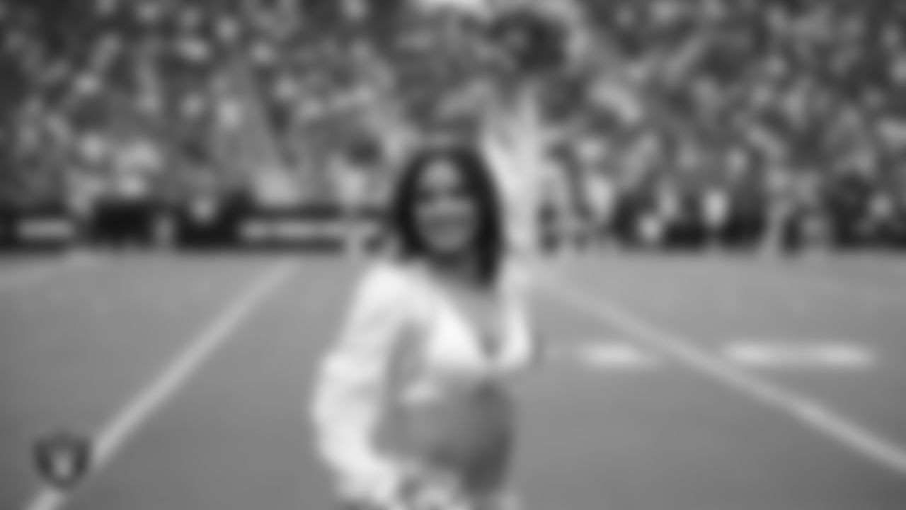 Raiderette Reagan on the sidelines during a 2025 Training Camp mock game at Allegiant Stadium.