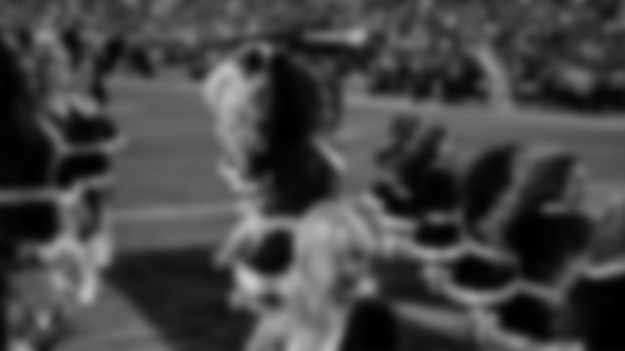 Raiderette Annalise performs on the field during the regular season home game against the New York Giants at Allegiant Stadium.