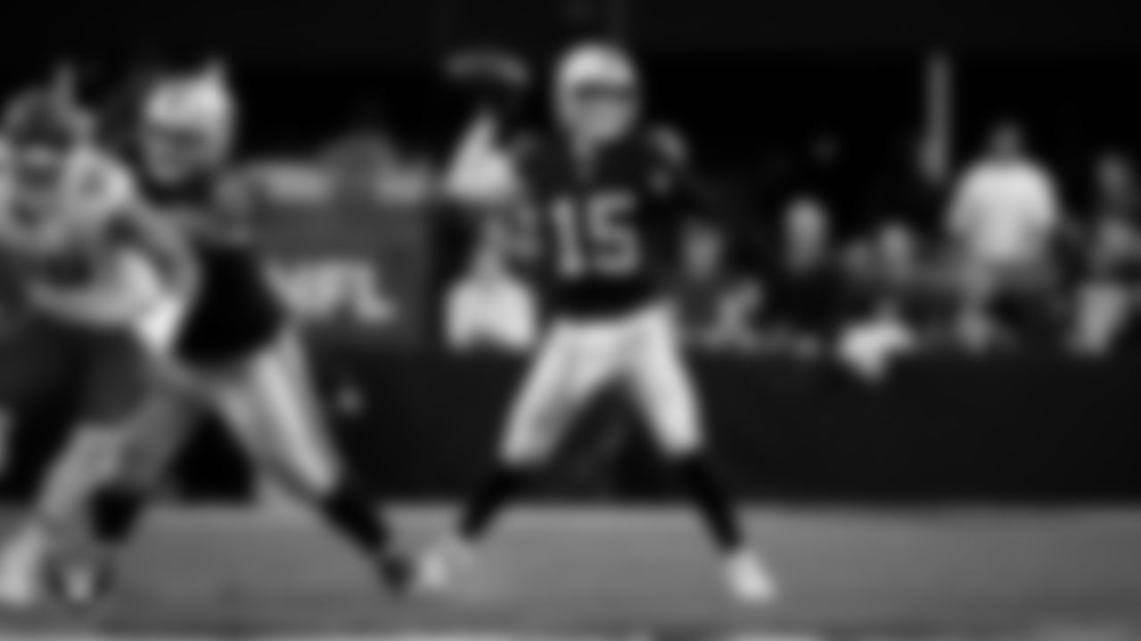 Las Vegas Raiders quarterback Kenny Pickett (15) passes during the regular season home game against the Kansas City Chiefs at Allegiant Stadium.
