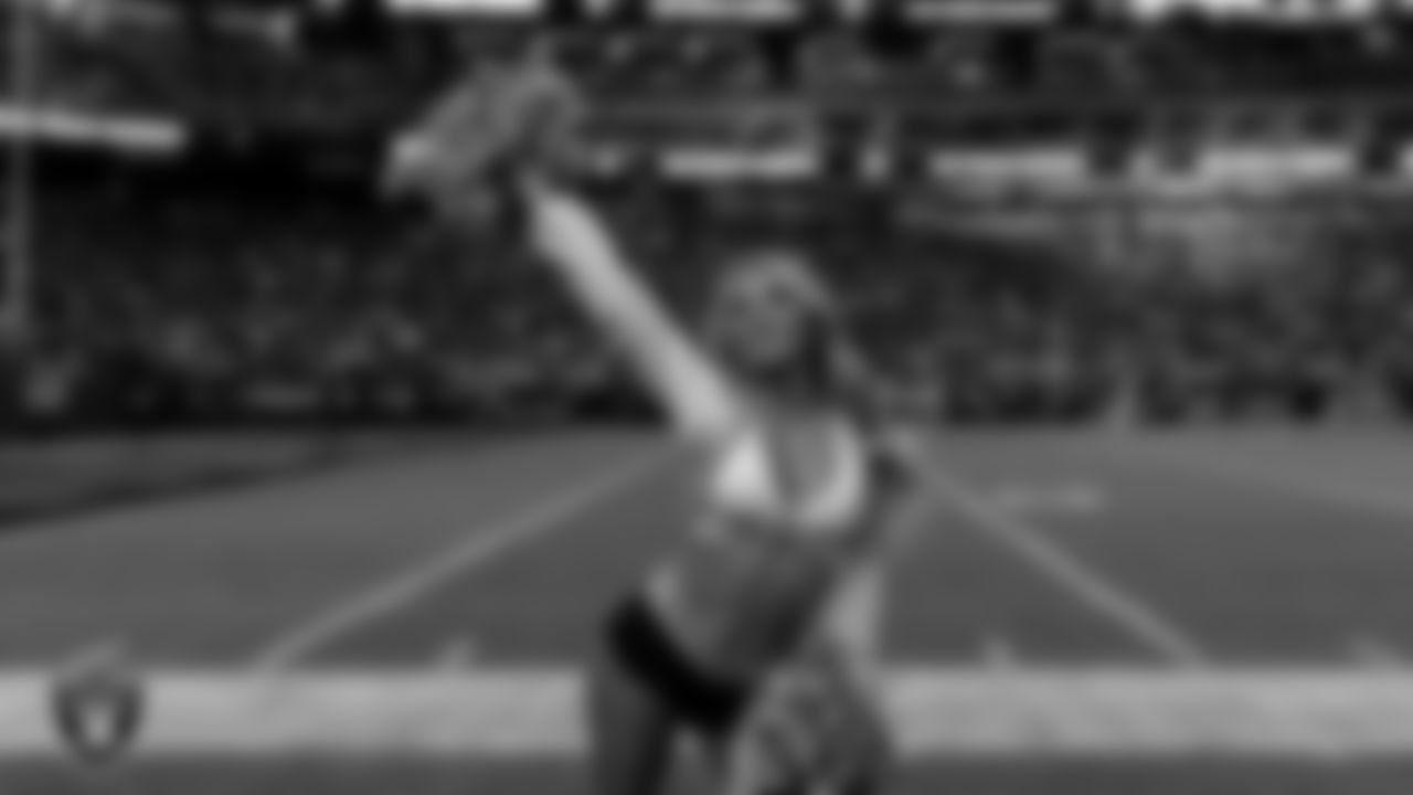 Raiderette Hayley on the sidelines during the regular season home game against the Jacksonville Jaguars at Allegiant Stadium.